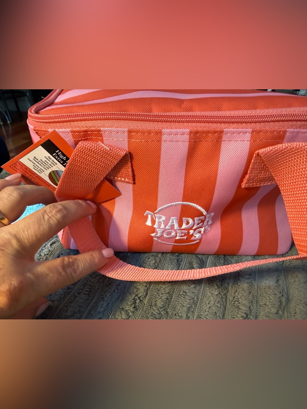 Trader Joe's Striped Lunch Tote in Coral & Light Pink - Picture 2 of 2